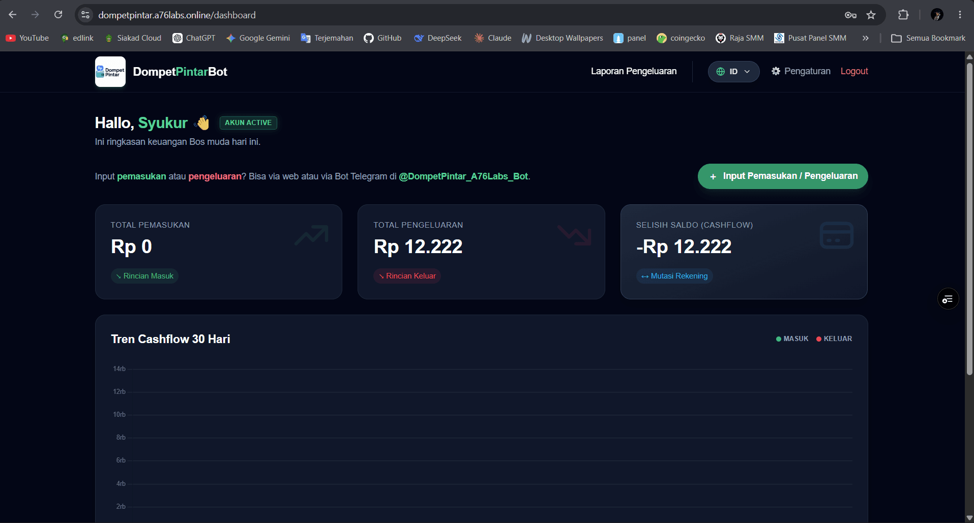 Dompet Pintar live web dashboard showing balance, cashflow distribution chart, and transaction history