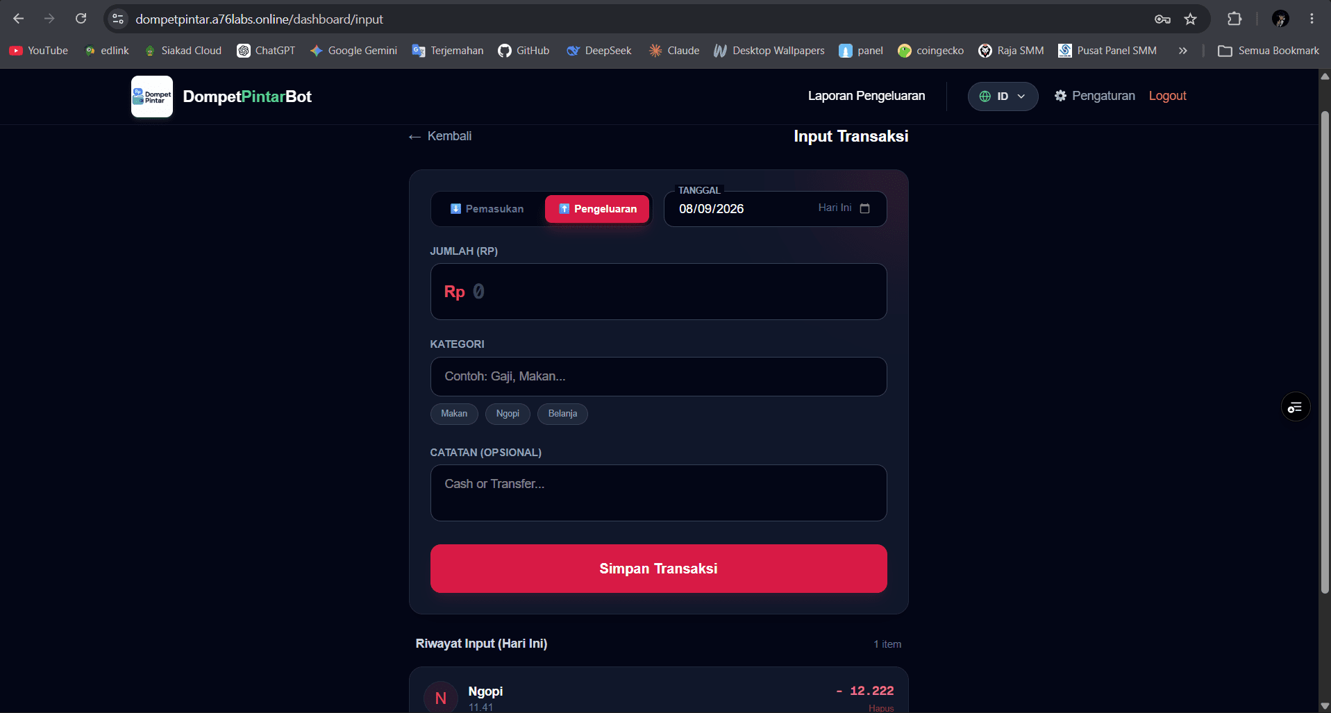 Dompet Pintar categorized transaction form