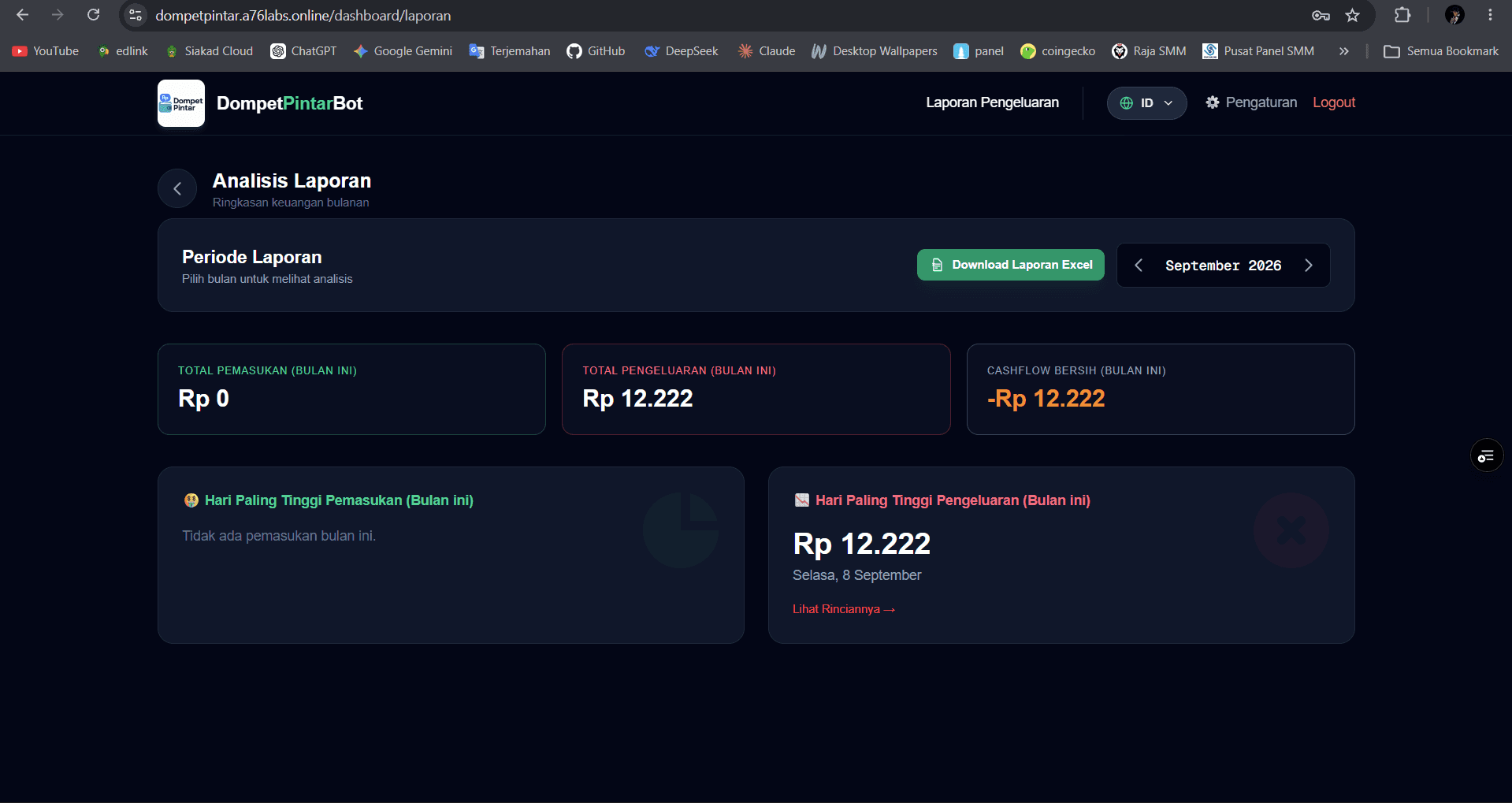 Dompet Pintar monthly report and Excel export view